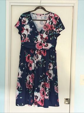 OUGES Women's Summer Short Sleeve V-Neck Floral Short Dress with Pockets XL
